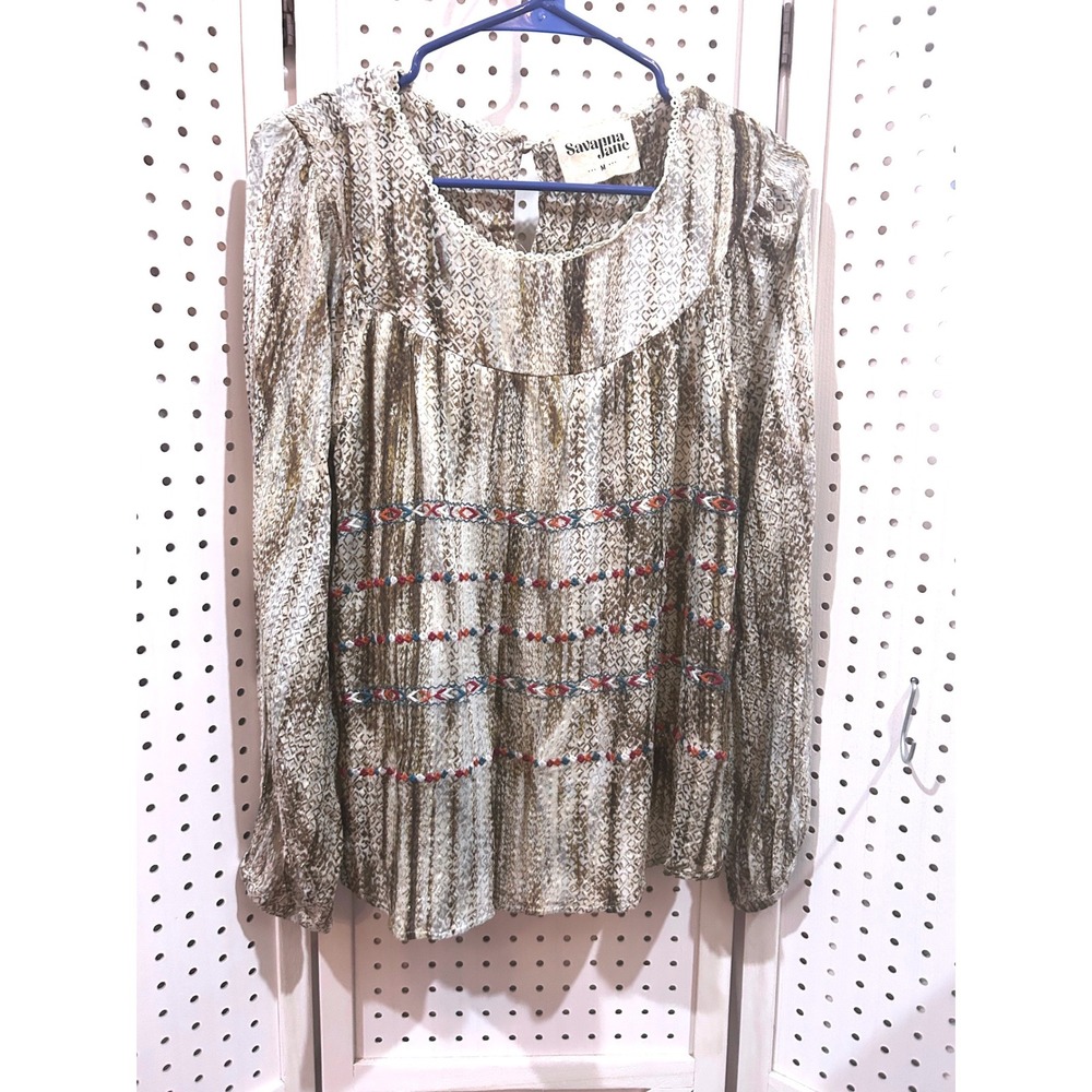 Savanna Jane Womens M Long Sleeve Blouse Snakeskin Print Embroidered Top
